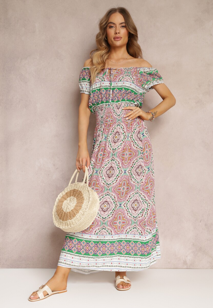 Zielono-Różowa Sukienka Maxi Hiszpanka  z Gumkami w Pasie i Ozdobnym Wiązaniem z Bawełny Giannis