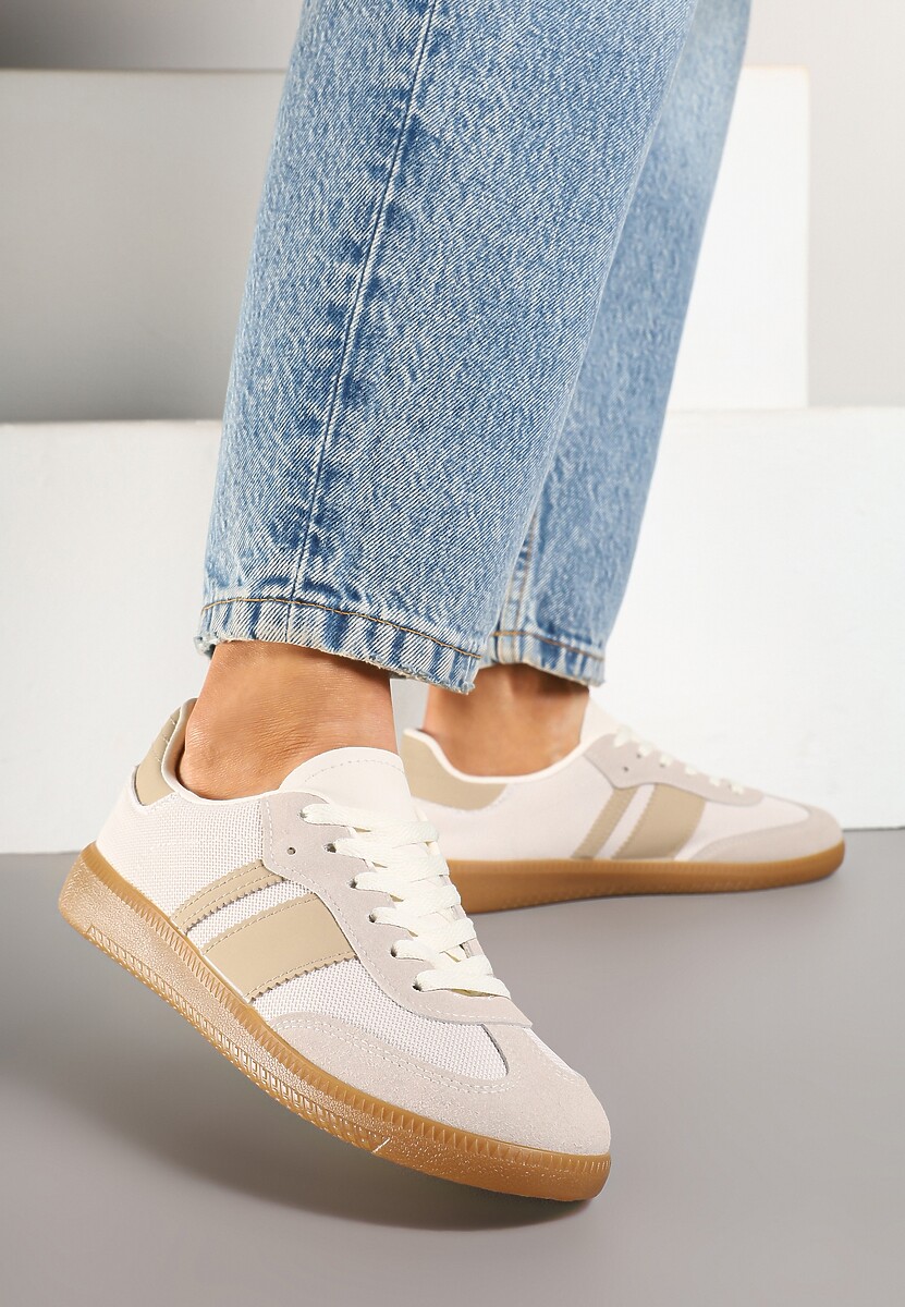 Beżowe Sneakersy na Kauczukowej Podeszwie Ozdobione Paskami Emidi