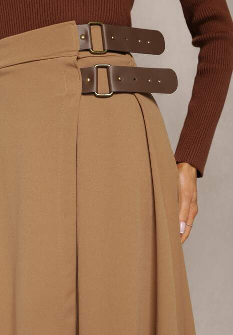 Beżowa Rozkloszowana Spódnica Midi z Gumką w Talii i Paskami z Imitacji Skóry Helemisia
