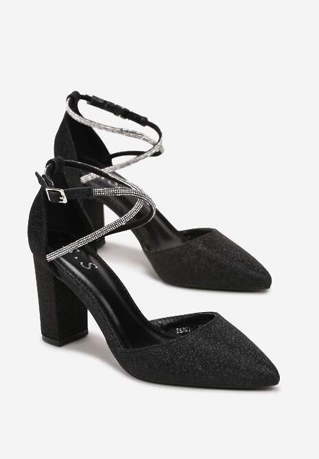 Czarne Czółenka Brokatowe na Słupku z Paskiem z Cyrkoniami Keshe