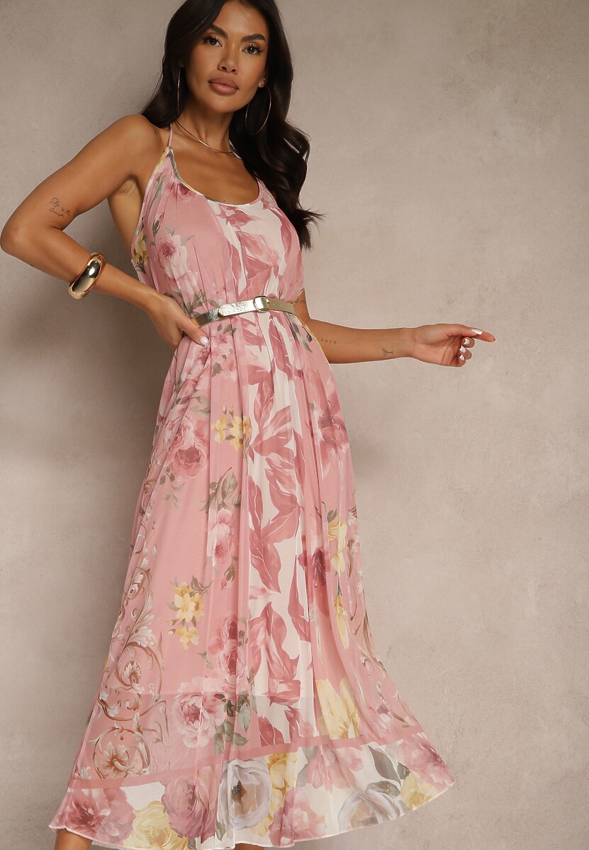 Różowa Kwiatowa Sukienka Siateczkowa z Wiskozą Izurelia