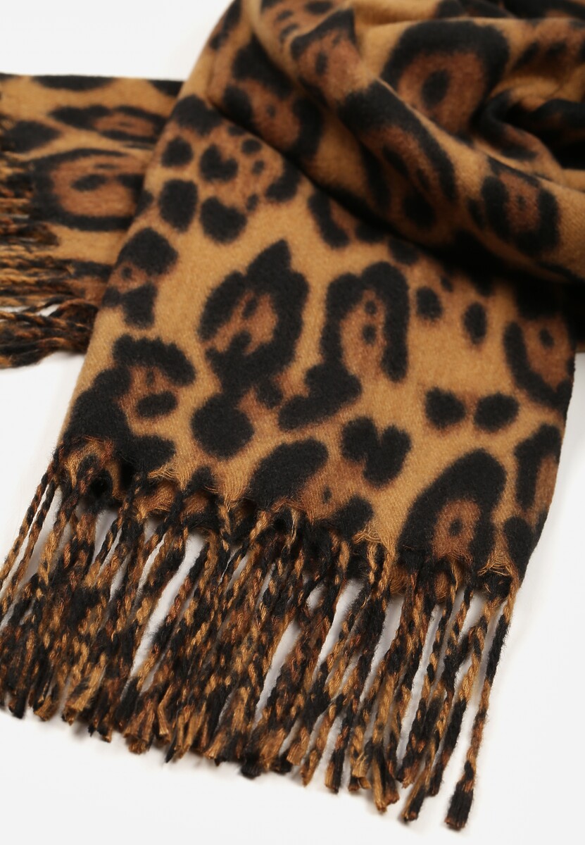 Brązowy Panterkowy Szalik z Wiskozy Zdobiony Frędzlami Ferialda