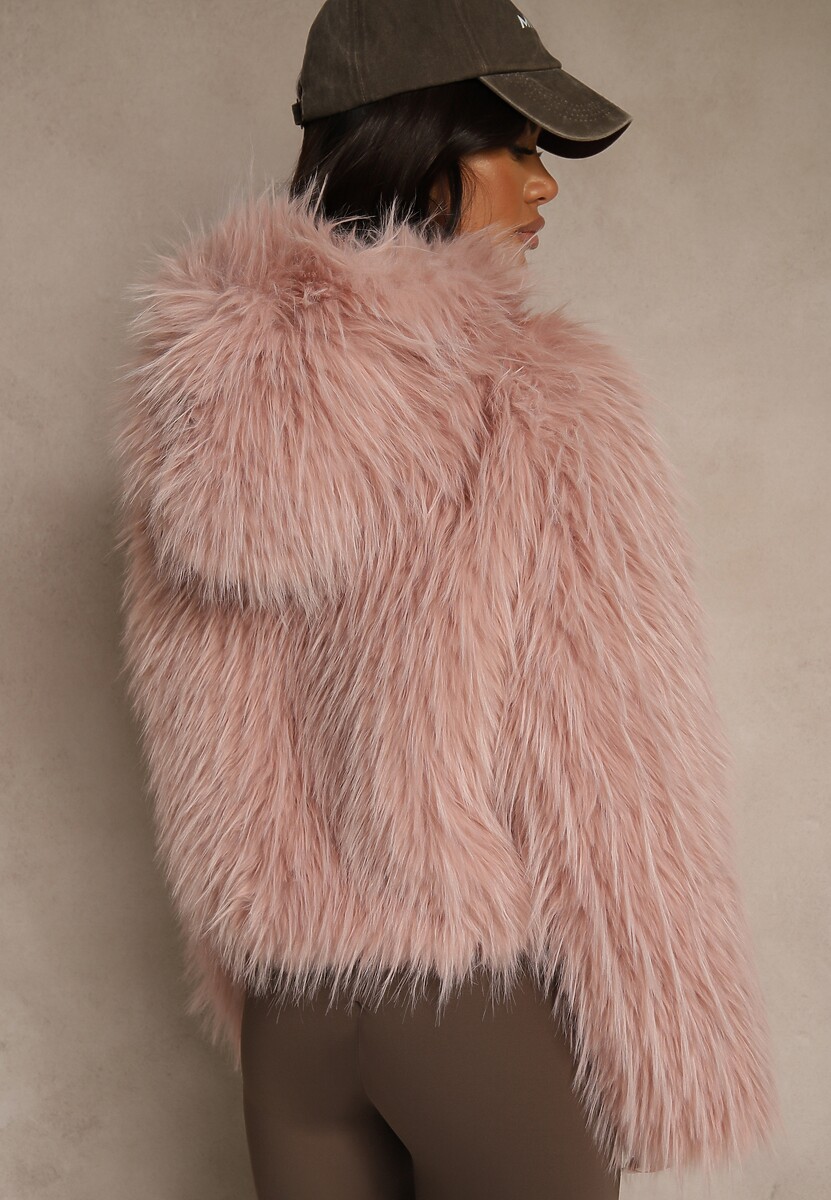 Różowa Kurtka Futerko z Kapturem i Zapięciem na Suwak Zetora