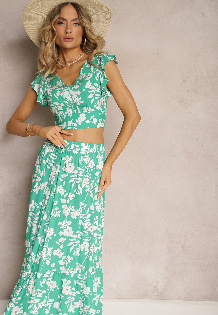 Zielony Wiskozowy Komplet w Kwiatki z Bluzką i Rozkloszowaną Spódnicą Pienara