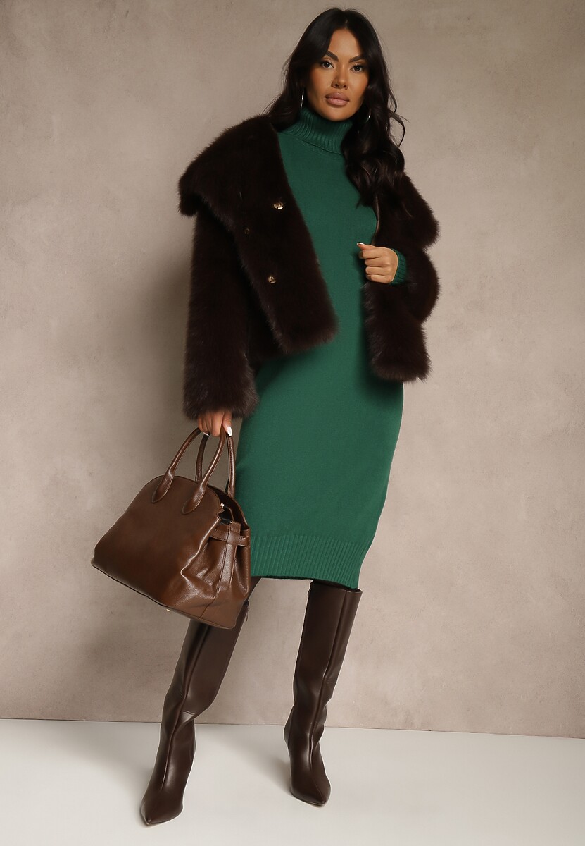 Zielona Sweterkowa Sukienka z Bawełną i Golfem Reinaria