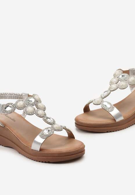 Srebrne Sandały na Koturnie z Elastycznym Paseczkiem i Kryształkami Perraviana