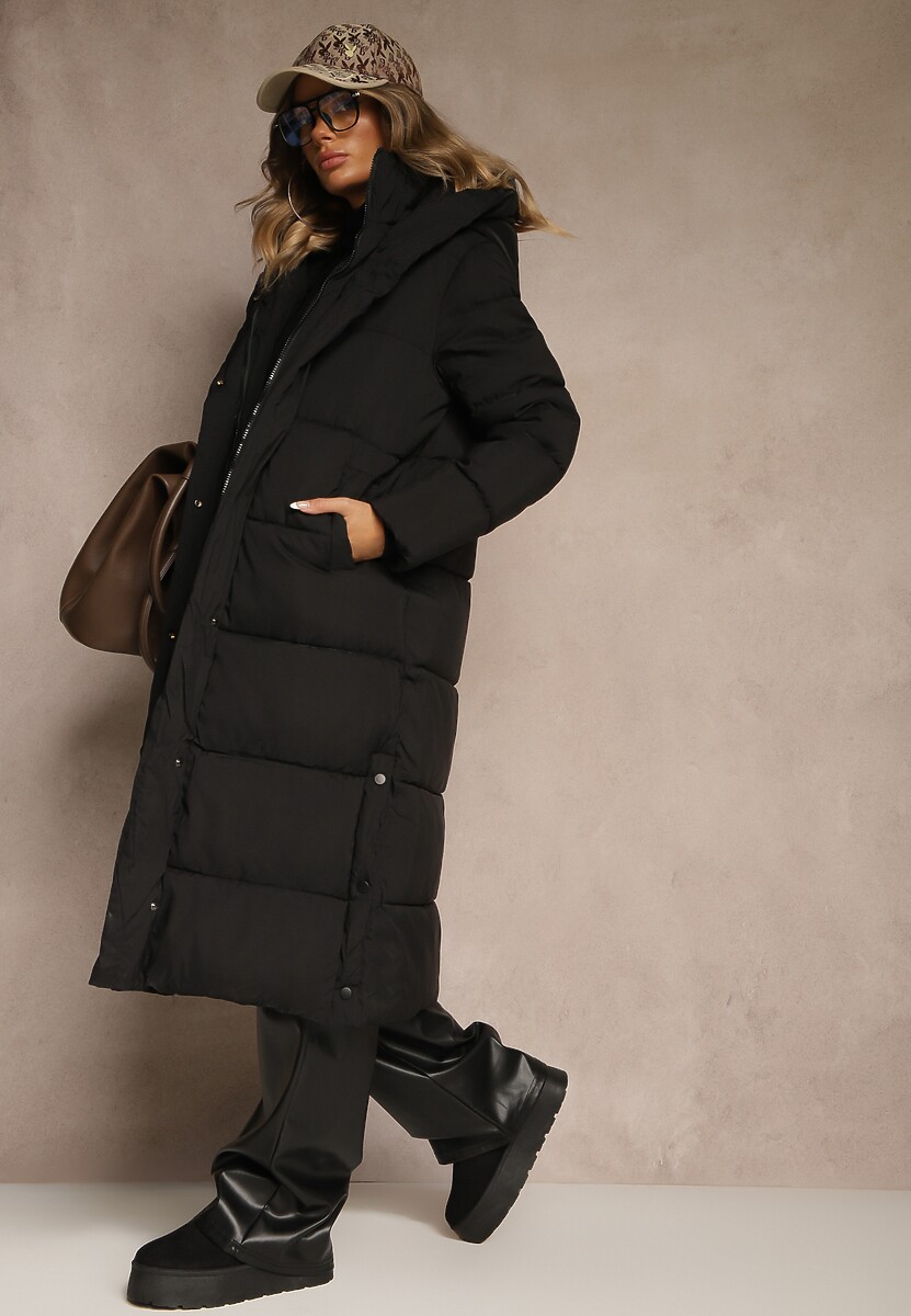 Beżowa Zimowa Kurtka z Pikowanymi Przeszyciami Kapturem i Bocznymi Napami Alarisse