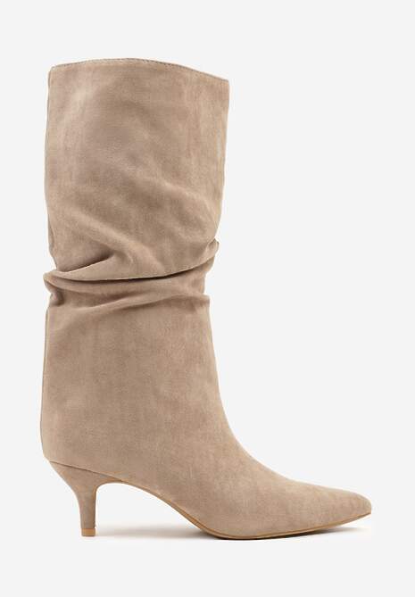 Ciemnobeżowe Botki na Kaczuszce z Marszczoną Cholewką Nalorena