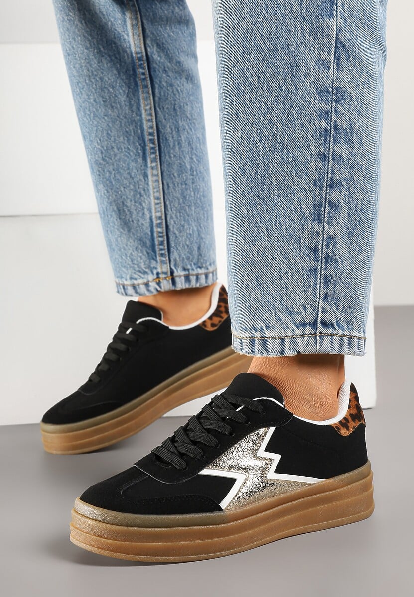 Czarne Sneakersy w Stylu Tenisówek Ozdobione Geometrycznym Wzorem Tolivanna