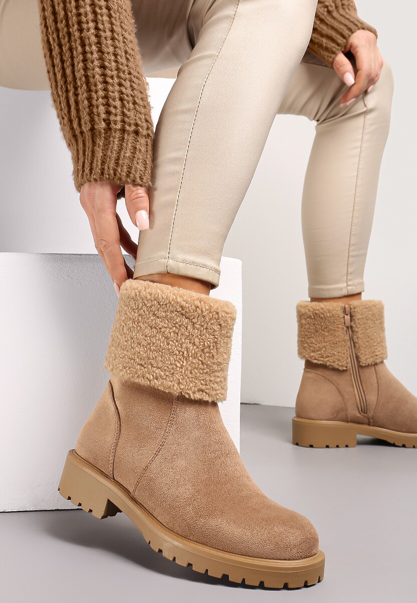 Brązowe Botki za Kostkę z Kożuszkiem Kurconne