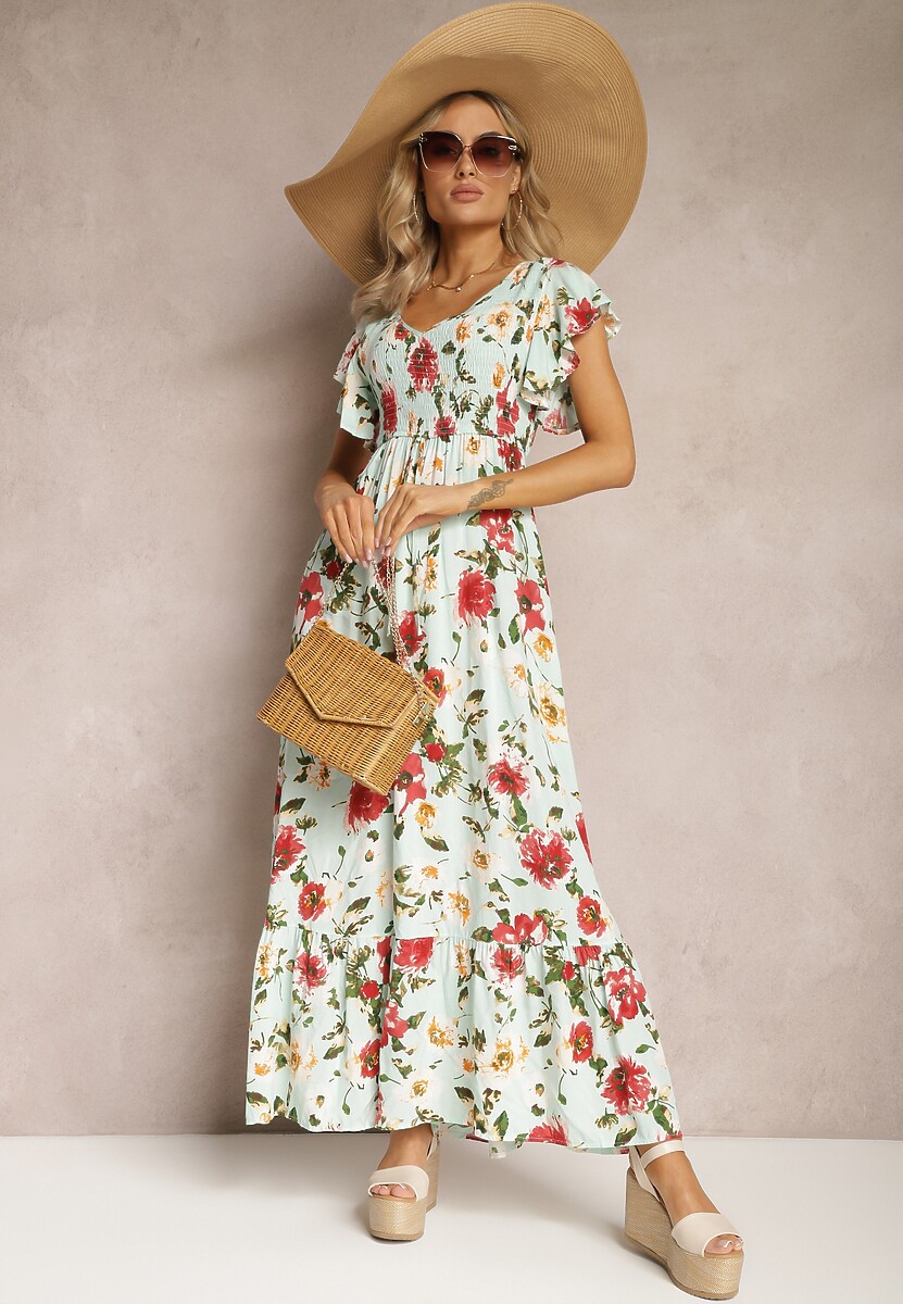 Jasnozielona Wiskozowa Sukienka w Kwiatowy Print Rozkloszowana Maxi Veradisia