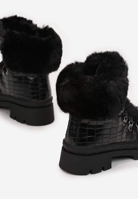 Czarne Botki w Krokodyli Wzór z Futerkiem Guenmon