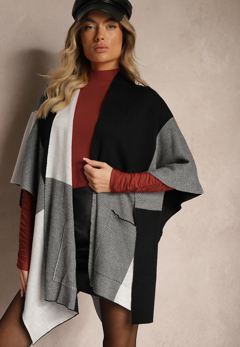 Czarno-Szare Ponczo Narzutka Niezapinana z Domieszką Wełny Verideth