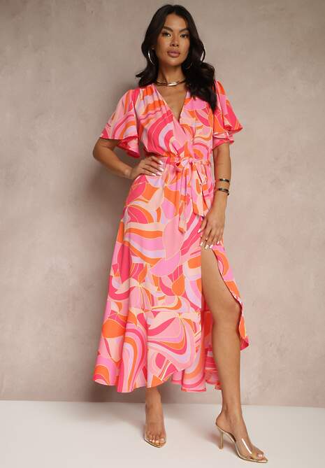 Czerwona Kopertowa Sukienka o Rozkloszowanym Kroju z Wiązanym Paskiem Zarelara