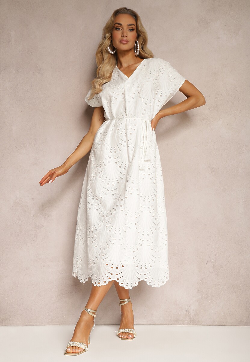 Zielona Bawełniana Sukienka o Haftowanym Wykończeniu z Materiałowym Paskiem w Talii Dimla