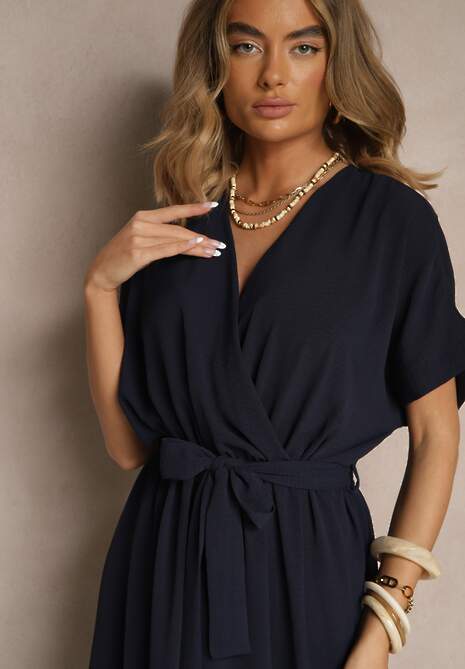 Granatowa Rozkloszowana Sukienka z Bawełną i Paskiem Lunapinia