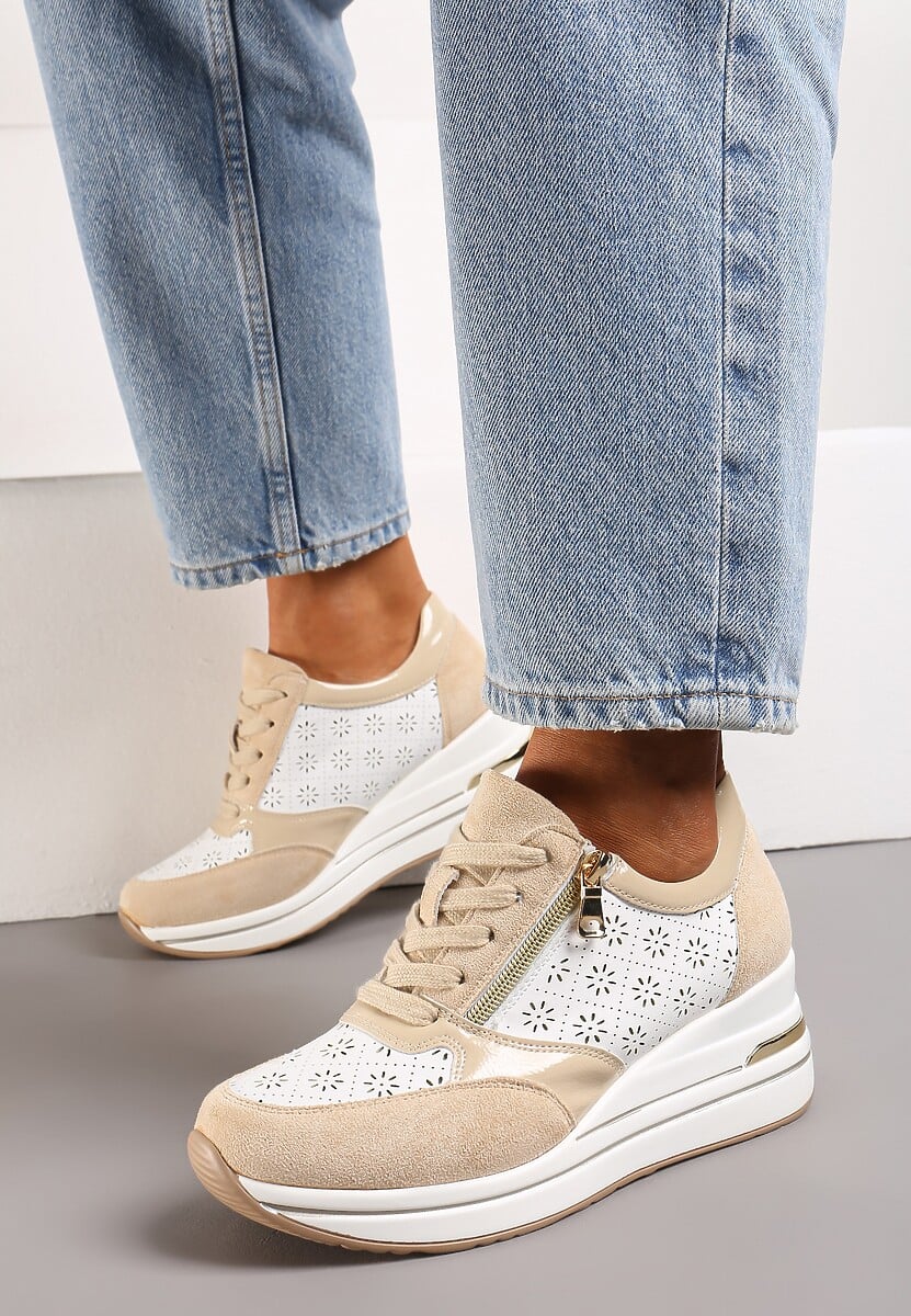 Beżowe Sneakersy z Ażurową Perforacją Suwakiem i Ukrytym Koturnem Pelaria