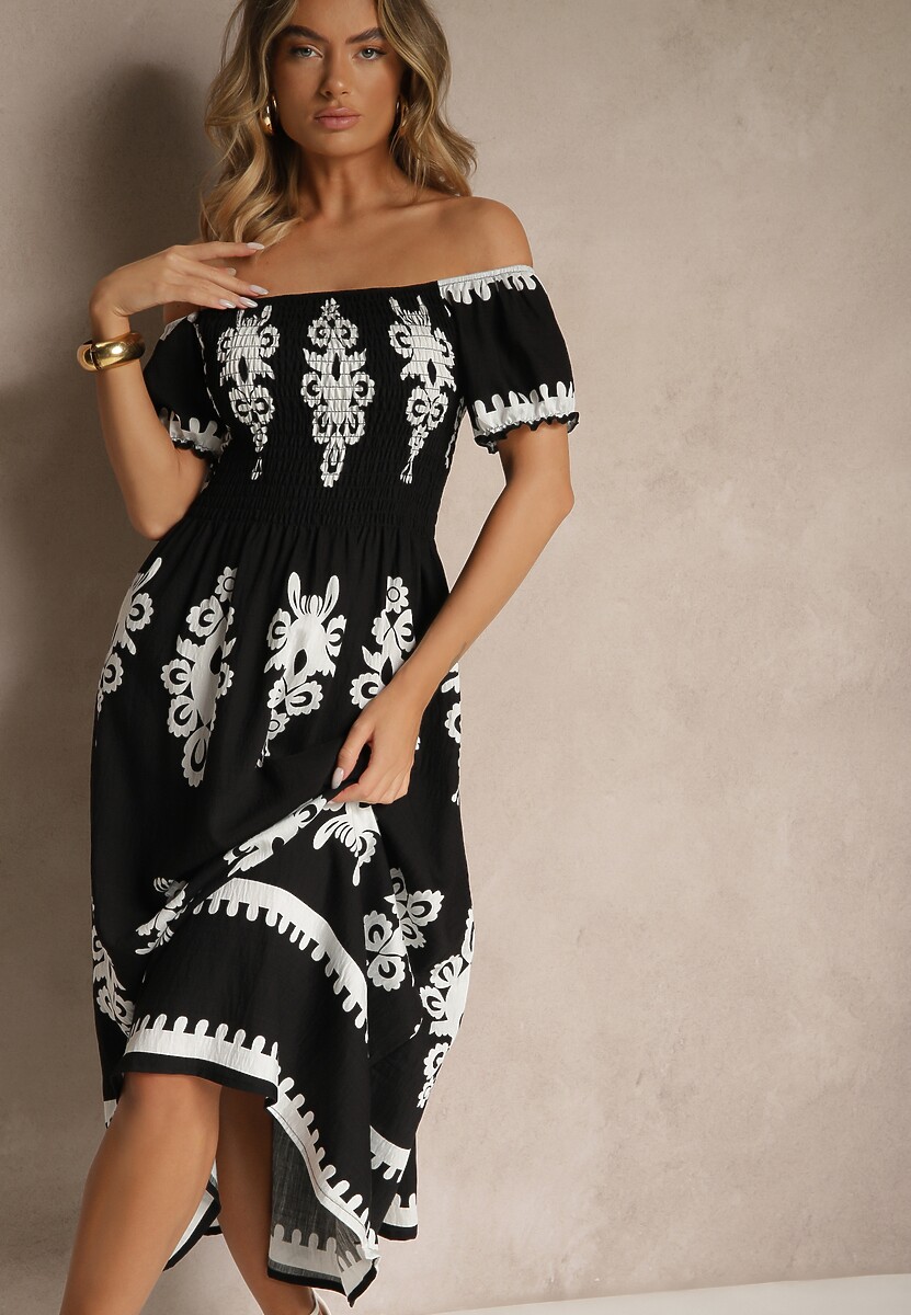 Ciemnobeżowa Sukienka Hiszpanka Ozdobiona Etnicznym Printem Aralette