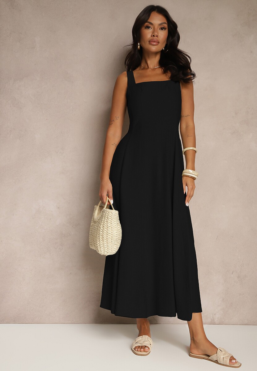 Czarna Rozkloszowana Sukienka z Wiskozy Ozdobiona Kwadratowym Dekoltem Avledia