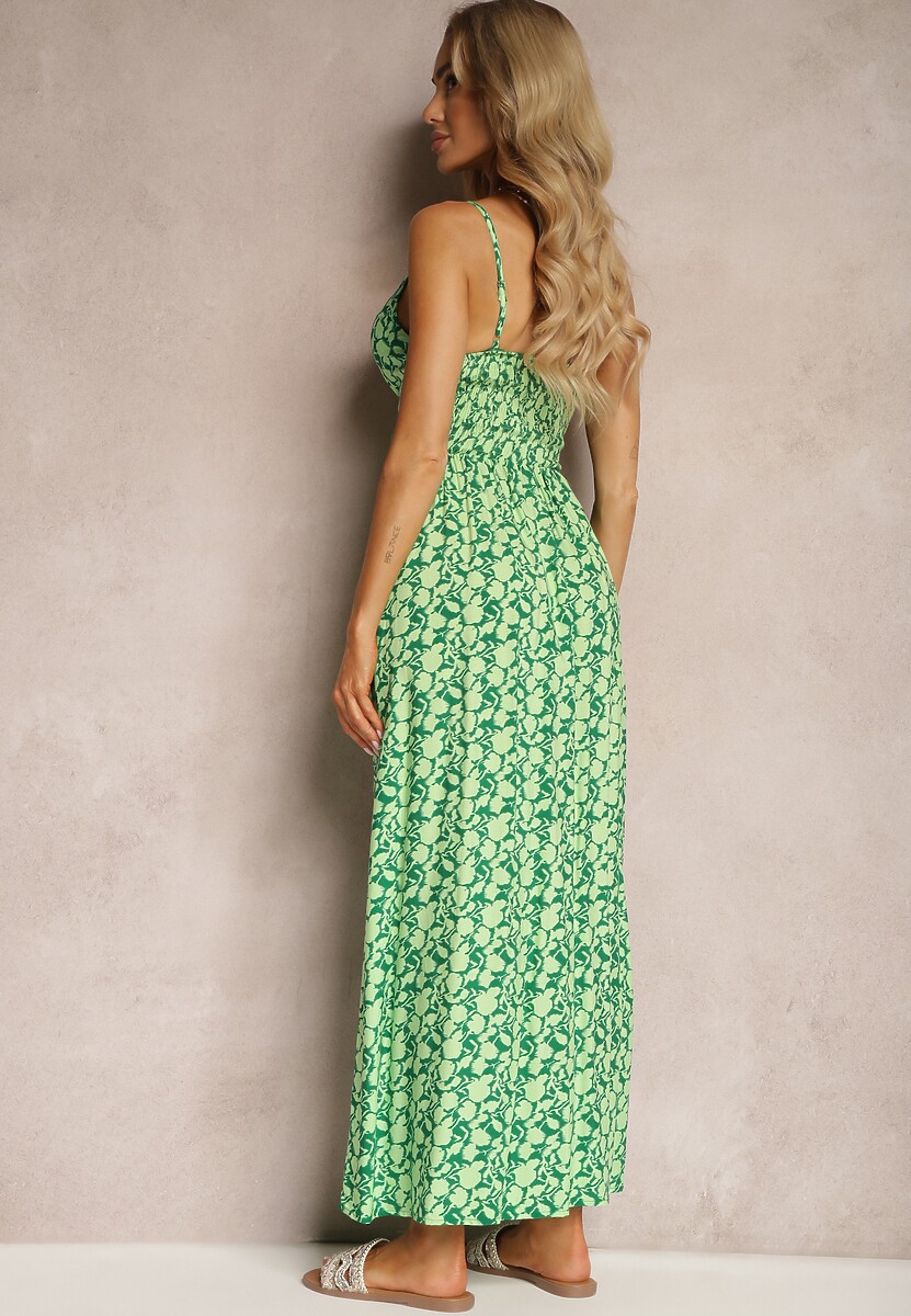 Zielona Kopertowa Sukienka z Wiskozy na Regulowanych Ramiączkach ze Ściągaczem w Talii Dimariel