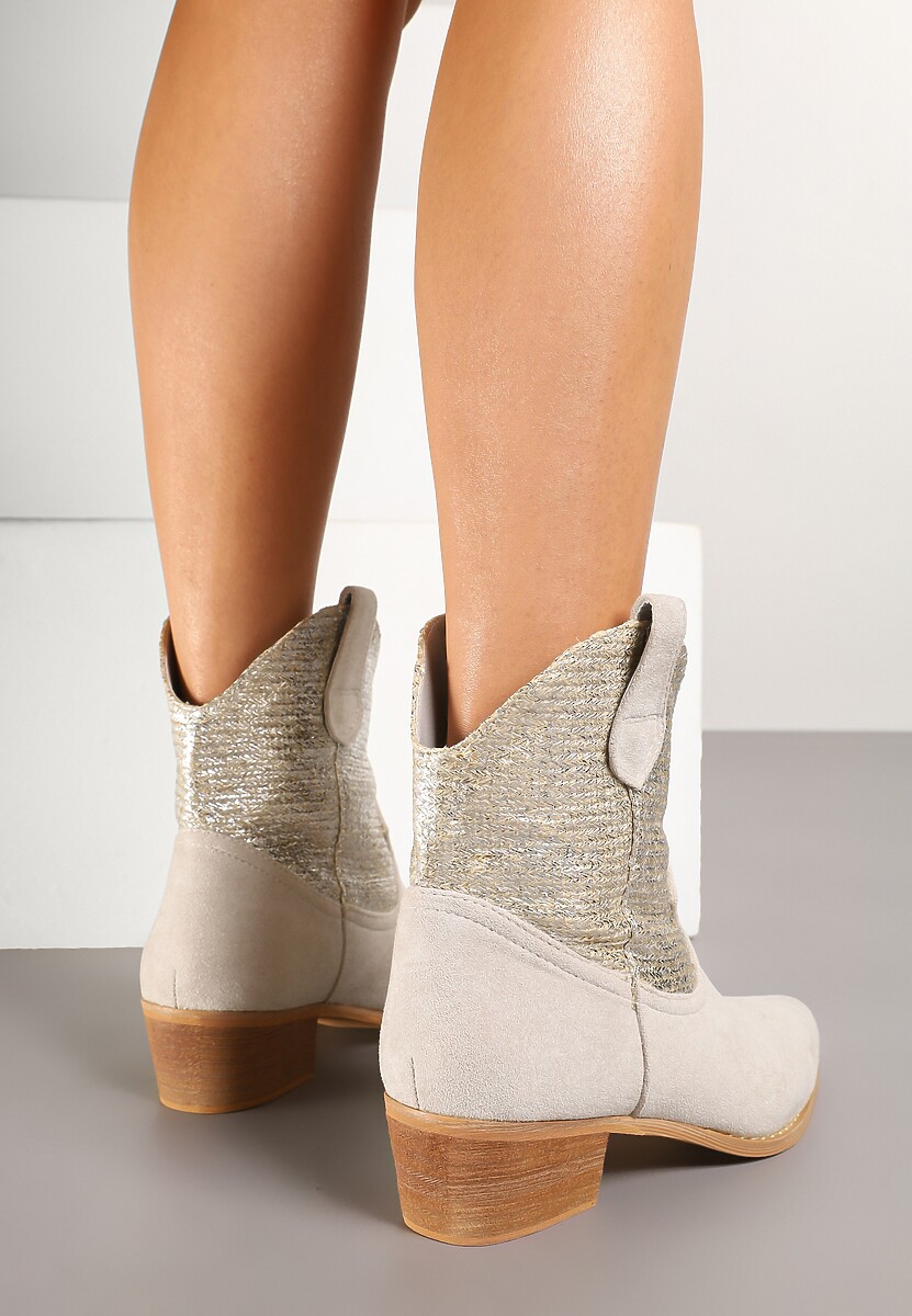 Jasnobeżowe Botki Typu Kowbojki na Niskim Obcasie Elearisha