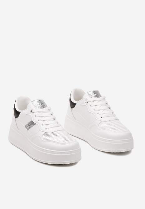 Biało-Srebrne Sneakersy z Ekoskóry za Kostkę ze Sznurowaniami Zdobione Perforacją Raviana