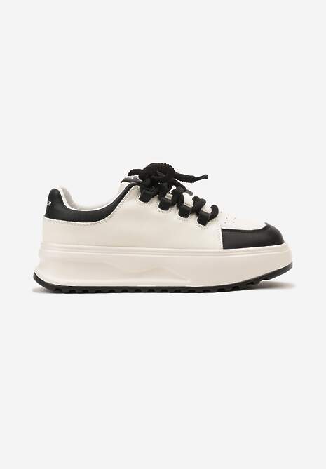 Biało-Czarne Sneakersy ze Skóry Naturalnej z Platformą i Szerokimi Sznurówkami Talthea
