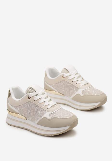 Beżowe Sneakersy na Grubej Podeszwie z Brokatem i Metaliczną Wstawką Velari