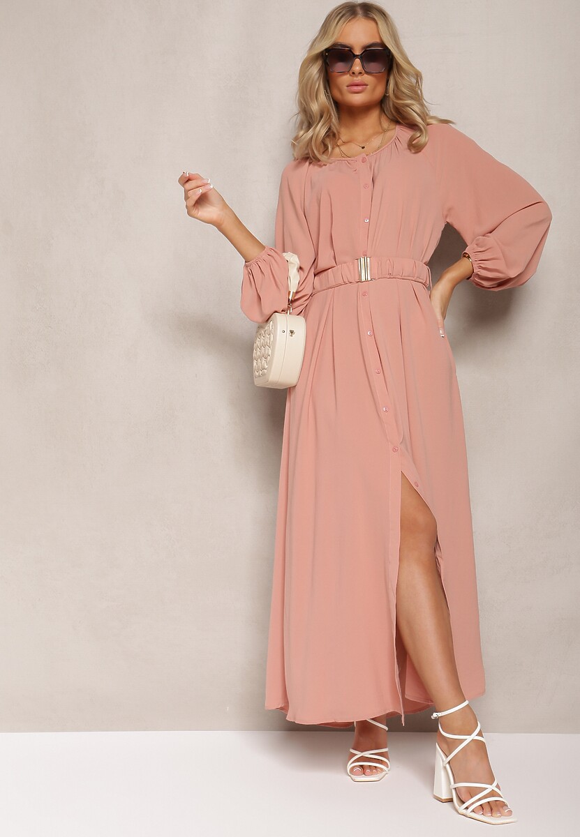 Ciemnoróżowa Sukienka Maxi o Swobodnym Kroju z Guzikami i Paskiem z Metaliczną Klamrą Ferian