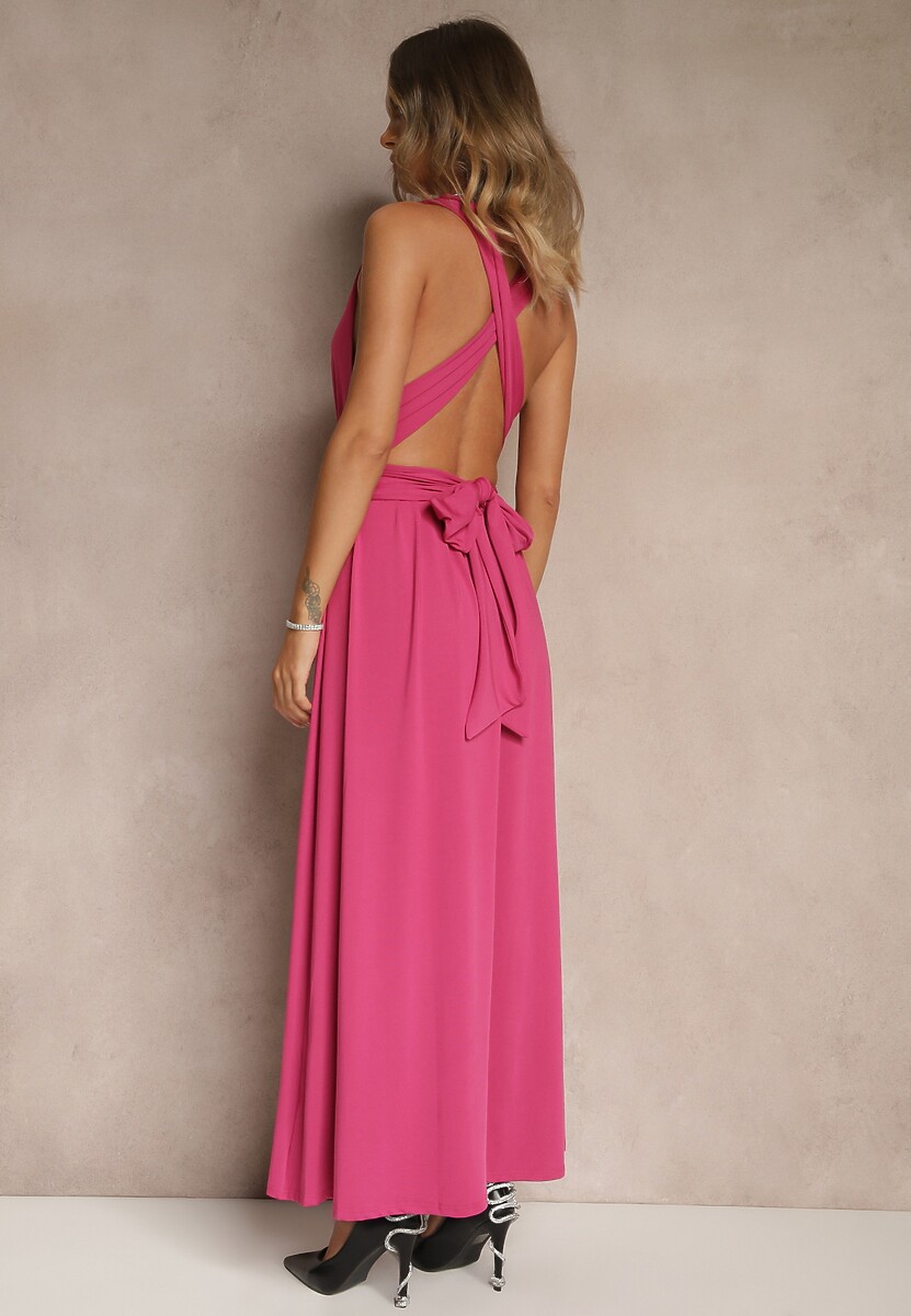 Ciemnoróżowa Sukienka Koktajlowa Multiway z Wiskozą Wiązana na Szyi Lilovea
