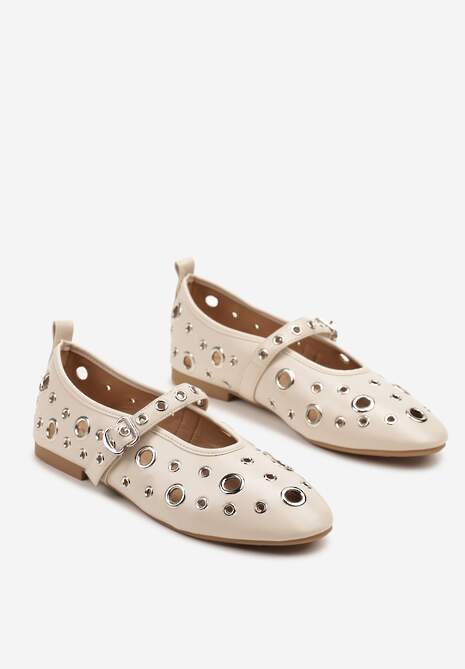 Beżowe Balerinki Ozdobione Paskiem i Metalicznymi Aplikacjami Erathira
