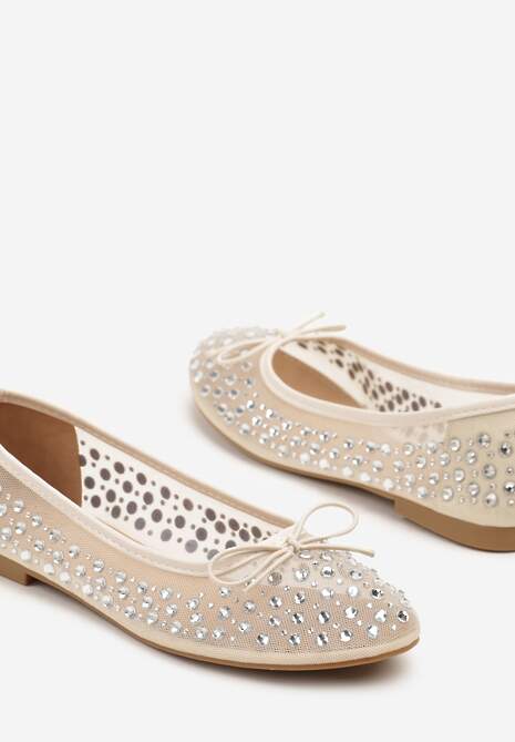 Jasnobeżowe Siateczkowe Balerinki Zdobione Cyrkoniami i Kokardką Revia