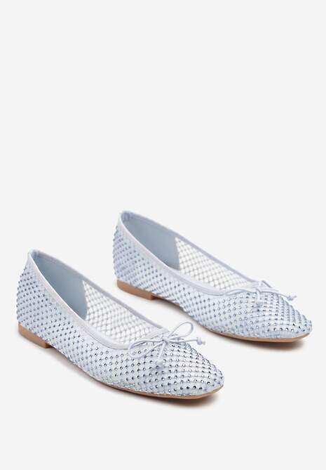 Niebieskie Siateczkowe Balerinki z Delikatnymi Cyrkoniami i Kokardką Senirithra