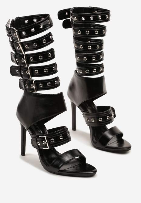 Czarne Sandały Botki na Obcasie Zdobione Paskami ze Sprzączkami Idamirea