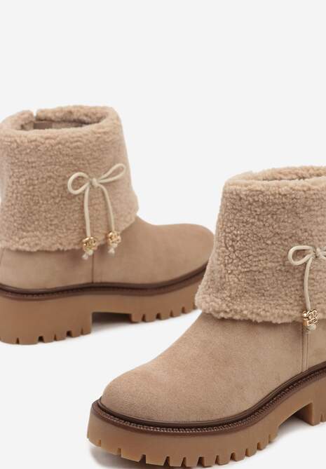 Ciemnobeżowe Botki na Platformie Ozdobione Kokardą i Wywiniętą Cholewką Attelyn