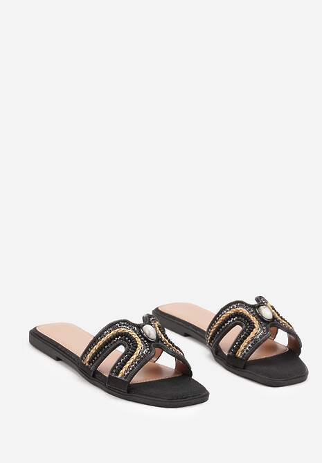 Czarne Klapki w Stylu Boho z Ozdobnymi Kamieniami i Plecionką Dimly