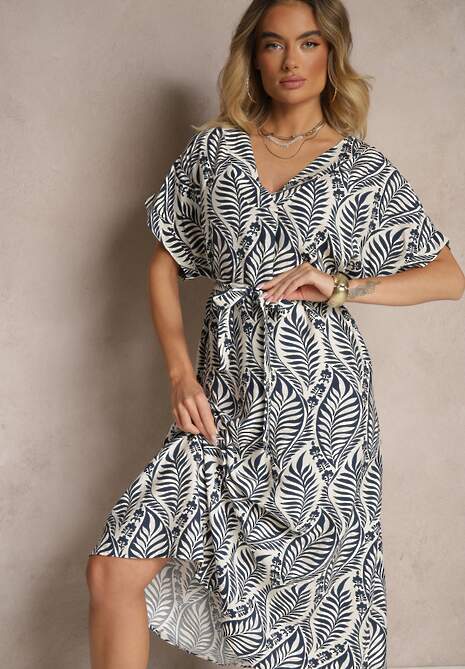 Granatowa Sukienka z Wiskozy Ozdobiona Paskiem i Motywem Liści Belozi