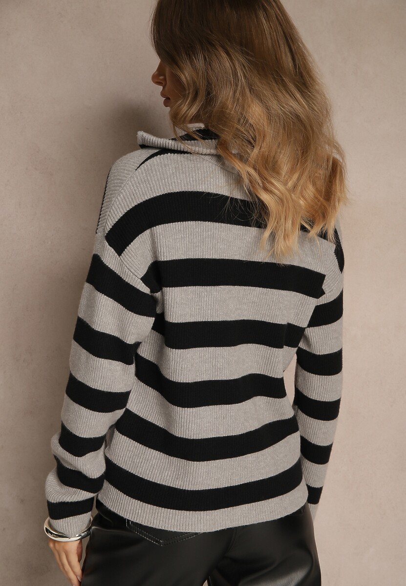 Czarno-Szary Sweter w Paski z Suwakiem przy Dekolcie Ralanae
