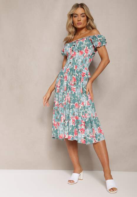 Zielono-Niebieska Sukienka Midi z Krótkim Rękawem z Wiskozy w Kwiaty Emena