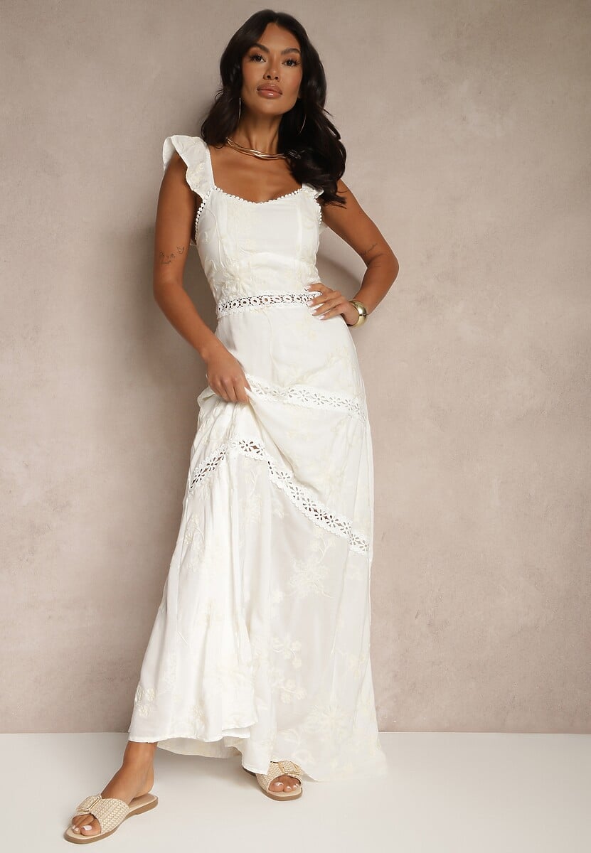 Biała Rozkloszowana Sukienka z Wiskozy z Haftami Lumirieve