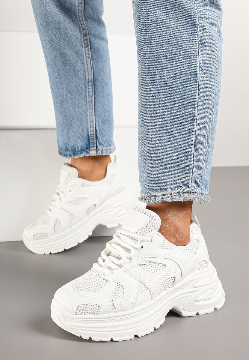 Białe Sneakersy na Platformie z Tłoczeniem i Geometrycznym Wzorem Melvila