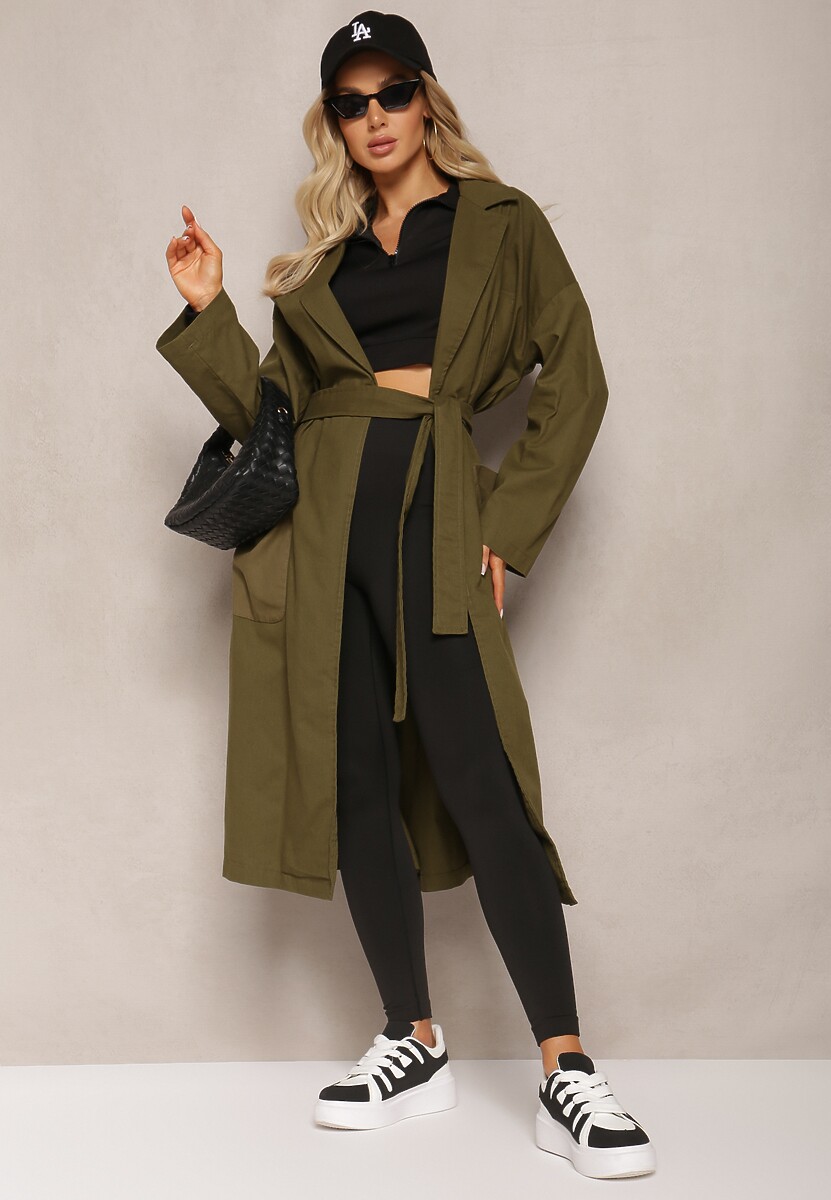 Zielony Płaszcz z Wiązanym Paskiem Oversize Terethia