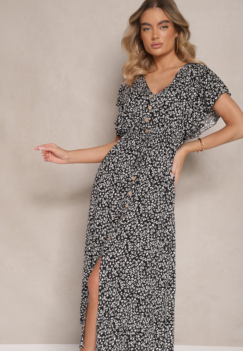 Zielona Rozkloszowana Sukienka z Bawełny z Gumką w Pasie w Drobne Kwiaty Pulinea