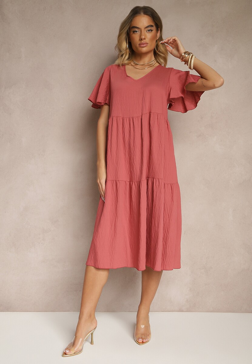 Biała Rozkloszowana Sukienka z Wiskozy z Dekoltem w Serek Natasella