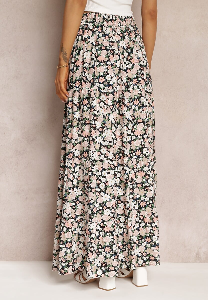 Czarno-Różowa Bawełniana Spódnica Maxi z Troczkiem i Printem w Kwiaty Yibji