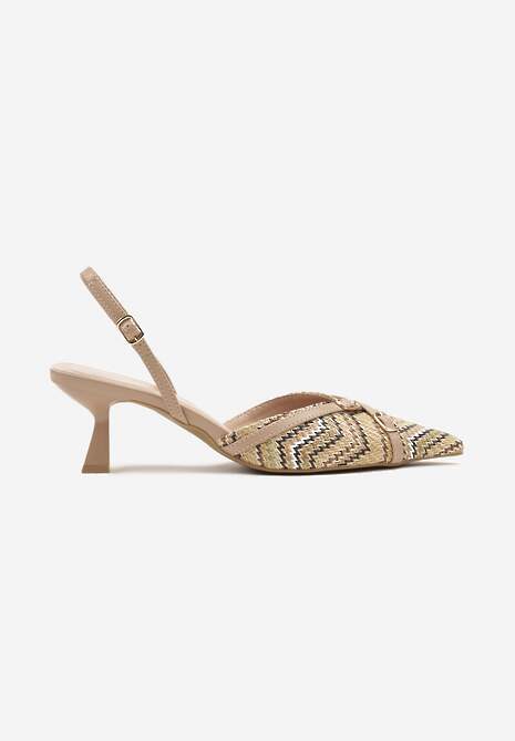 Ciemnobeżowe Sandały na Kaczuszce z Odkrytą Piętą o Ozdobnymi Sprzączkami Adivini