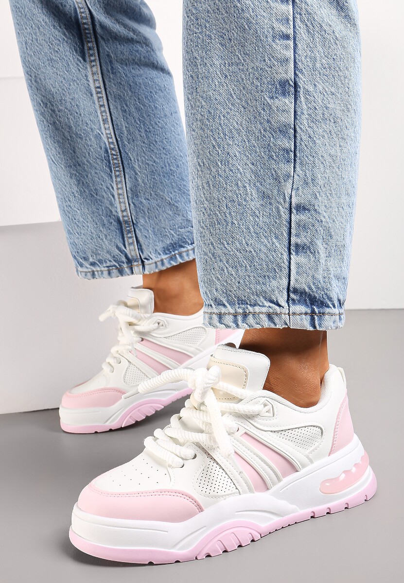 Różowe Sneakersy na Grubej Podeszwie z Brokatem Lenema