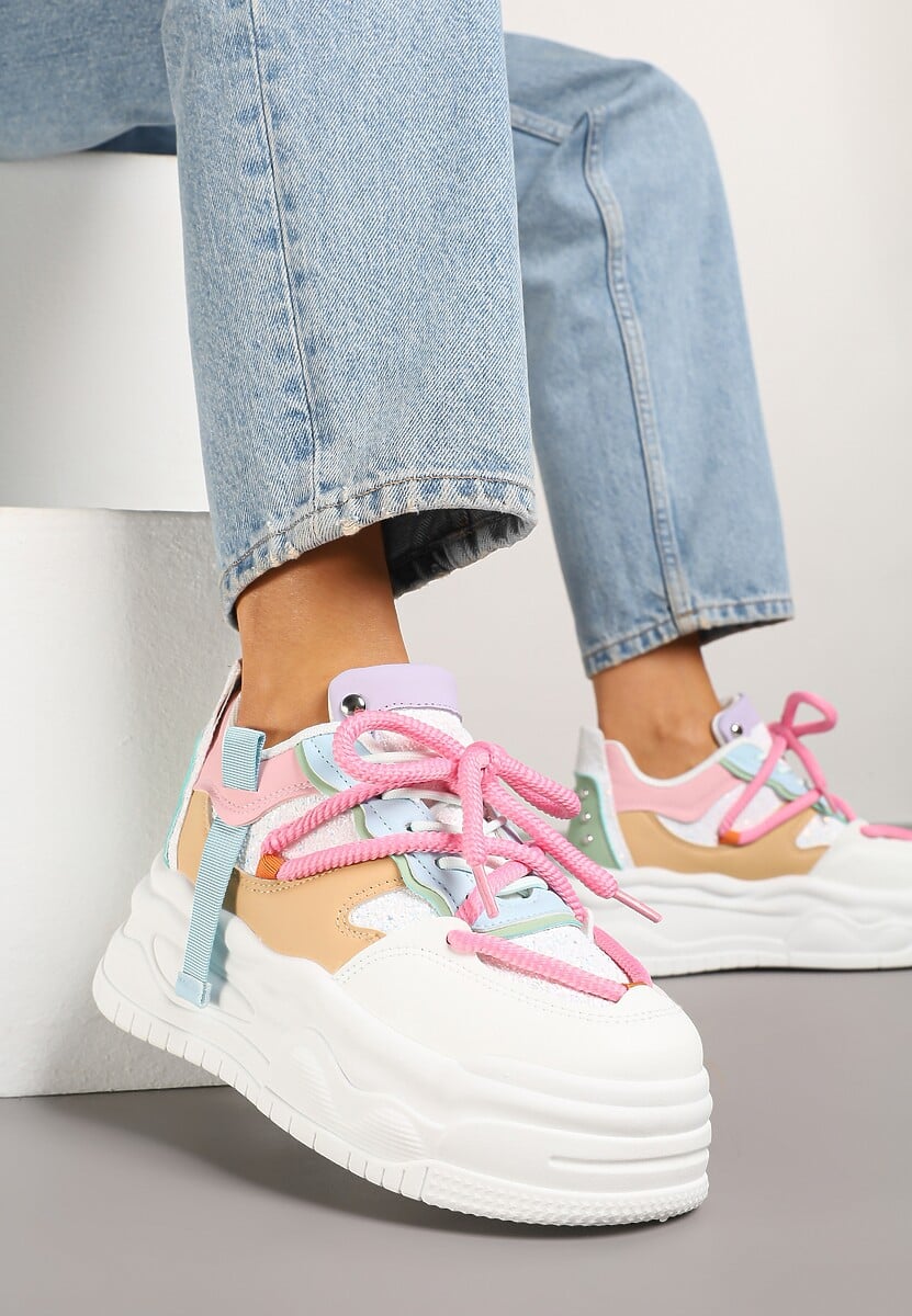 Biało-Różowe Sneakersy w Streetwearowym Stylu na Tłoczonej Platformie z Brokatem Mailienne