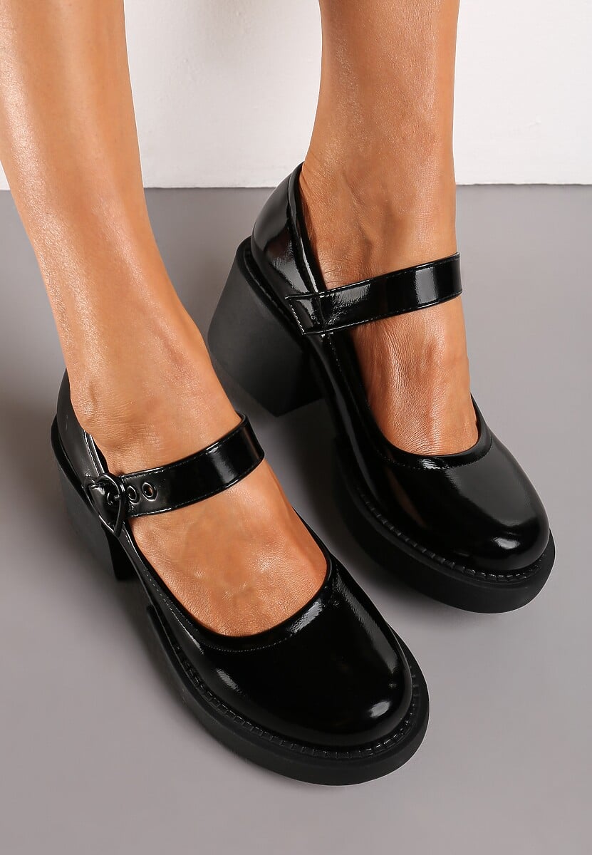 Czarne Lakierowane Półbuty ze Skórzaną Wkładką na Słupku z Platformą Fenelo