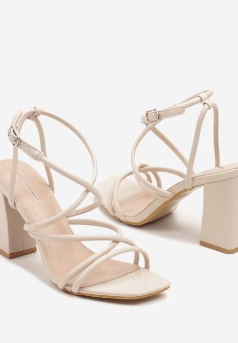 Beżowe Sandały na Obcasie z Cienkimi Paskami Kaloren